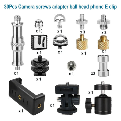 30 Pack Tripod Screw Mount Kit With 1/4 Inch To 3/8 Inch Threaded Adapters and Quick Release Screws for DSLR Camera and Accessories