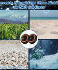 Six Pack 2.95 Inch Anti Vibration Pads For Telescope Mount And Camera Tripod, shown on grass, sand, gravel, and snow surfaces.