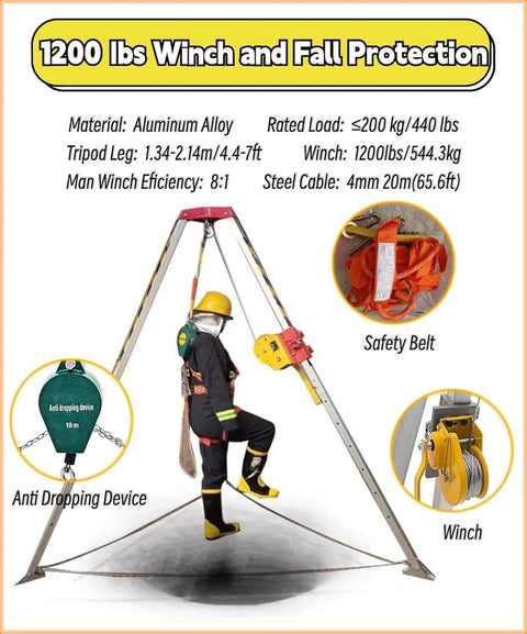 Confined Space Tripod System With Self Locking Winch And Safety Harness, featuring winch, anti-dropping device, and safety belt.