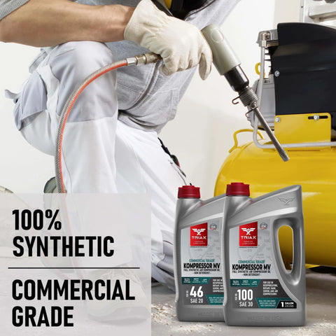 TRIAX Kompressor MV 46 / SAE 20 - Full Synthetic, Multi-Vis Air Compressor Oil bottles next to air compressor in use