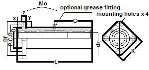 Technical diagram of TRK50GUUE NB 50mm Slide Bush Bushings Motion Linear Bearing with optional grease fitting and mounting details.