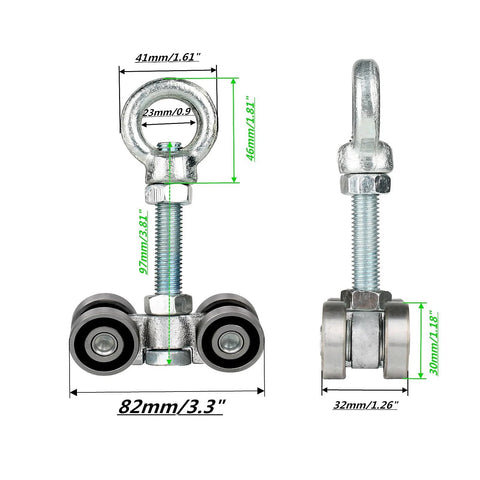 Four Wheel Trolley Assembly Rollers With Hidden Bolt Groove, 650 Lbs Heavy Duty Capacity, M10 Bolt And Lifting Eye Nut, Fits One And Five Eighths Inch Wide And Taller Strut Channels For Smooth Lifting And Rail Handling.