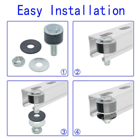 Two Pack Strut Channel Trolley Stopper And Roller Limiter For One And Five Eighths Inch Wide And Taller Strut Channels, Prevents Trolley Assembly Slippage, Durable Metal And Rubber Stopper For Secure Positioning shown during installation steps.