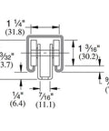 Technical diagram of Four Wheel Light Duty Trolley Assembly With 600 Lb Capacity, dimensions for strut channel compatibility.