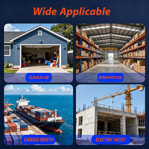 Collage of garage, warehouse, cargo berth, and construction site showing versatile use of 2 Wheel Trolley Assembly Rollers with Deep Groove Bearings.