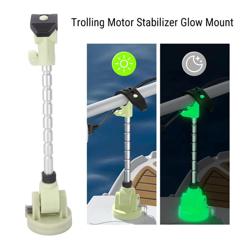 Trolling motor stabilizer glow mount; marine-grade aluminum alloy, 7-angle adjustable, installed on a boat rail.