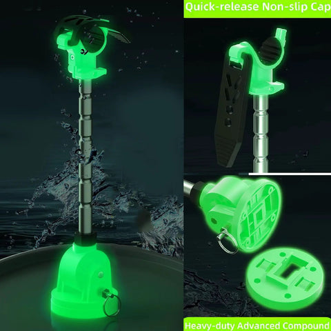 Luocute trolling motor stabilizer mount; adjustable aluminum rod with locking mechanism, front and side views, green.