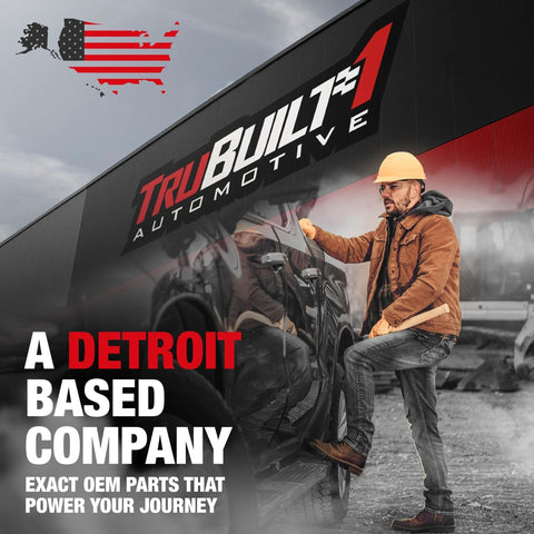 Man in hard hat near large vehicle and TruBuilt Automotive logo on building, text: Detroit-based company, exact OEM parts.