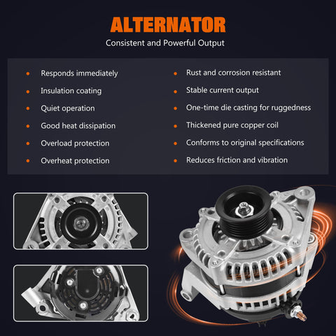 Truck-Ready Alternator Replacement 160A CW 6-Groove Pulley fits 2007-2010 Jeep models with features highlighted