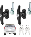Dual locking T-handle kit for truck caps, left and right, shown with keys, hardware, and installed on a white truck.