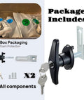 Package with rugged, keyed T-handle locks for camper shell, includes black zinc alloy T-handles, keys, and screws.