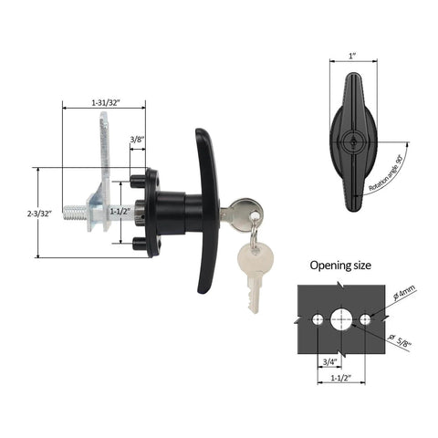 Left And Right Truck Cap Locking T-Handle Set With Keyed Alike Universal Key System Black Camper Shell Locks with dimensions
