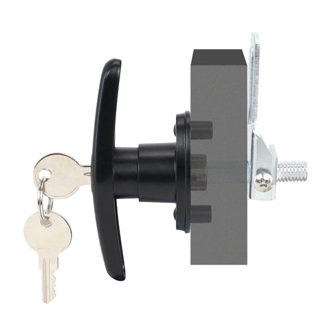Side view of Left And Right Truck Cap Locking T-Handle Set With Keyed Alike Universal Key System Black Camper Shell Locks.
