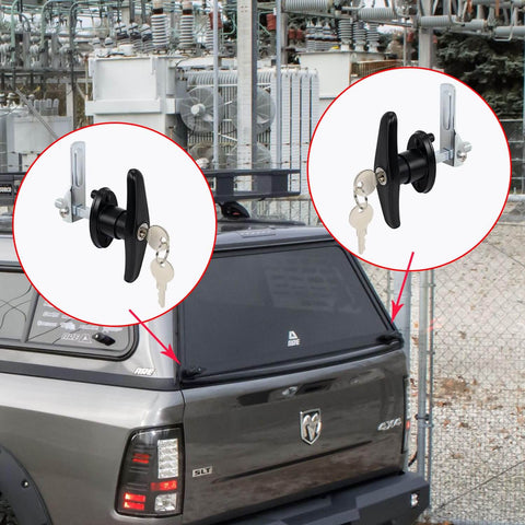 Left And Right Truck Cap Locking T-Handle Set With Keyed Alike Universal Key System Black Camper Shell Locks installed on truck