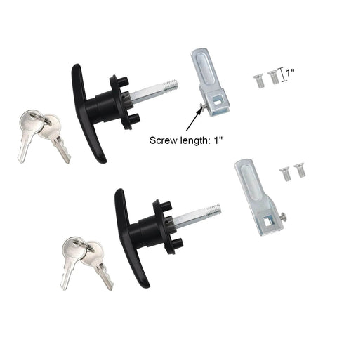 Left And Right Truck Cap Locking T-Handle Set With Keyed Alike Universal Key System Black Camper Shell Locks For Topper. Two T-handles, keys, and screws displayed.