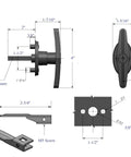 Technical drawing of Universal Truck Cap T Handle Lock Complete Set for Toppers Camper Shells and Tonneau Covers Includes Two T Handles Dust Covers Cam Plates Spacers Steel Cams and Four Keys Key Alike for Left and Right