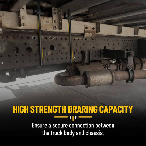 Complete 16 inch square bend U bolts kit in heavy duty steel with 6 inch tie plates installed on truck chassis
