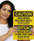 Person holding Truck Drivers Must Chock Wheels Before Loading And Unloading Sign 10 x 14 Aluminum Safety Sign for Yard Dock