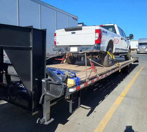 Pickup truck secured on trailer with ✝️ 3/8 Inch x 6 FT Grade 70 Binder Chain with Clevis Grab Hooks - G70 Transport Tow Chain - 6,600 Lbs