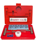 Truck Tire Deluxe Repair Kit With 30 Eight Inch Patches in open red case showing tools, lubricant, and patches for large commercial trucks.