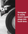 Truck Tire Deluxe Repair Kit With 30 Eight Inch Patches, 4.75 Inch Spiral Probe, shown repairing a tire on a commercial truck