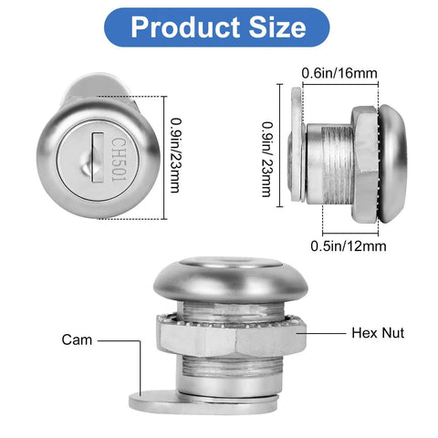 Truck Tool Box Lock Replacement Keyed Different Five Eighth Inch Cylinder with 23mm Cam and Hex Nut, side and top view