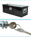 Top image shows a black diamond-patterned truck toolbox. Bottom image shows Two Pack Truck Tool Box Locks With Keys Replacement Cylinder For Latch Five Eighth Inch Cylinder For Toolbox Handle Latch With Cam Lock Dust Covers Included.