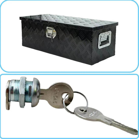 Top image shows a black diamond-patterned truck toolbox. Bottom image shows Two Pack Truck Tool Box Locks With Keys Replacement Cylinder For Latch Five Eighth Inch Cylinder For Toolbox Handle Latch With Cam Lock Dust Covers Included.