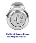 Front view of 5/8 inch keyed-alike cylinder lock for paddle handle latches, showcasing shuttered keyway