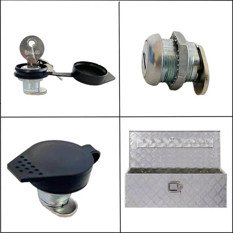 Two Pack Truck Tool Box Locks With Keys Replacement Cylinder For Latch Five Eighth Inch Cylinder for toolbox shown with black dust cover and silver cam lock