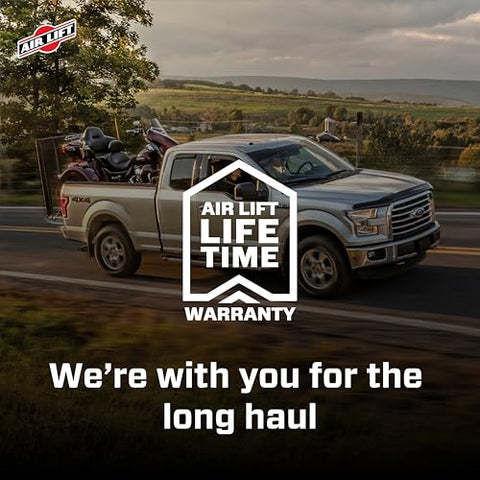 Premium air spring kit delivers up to 7500 lbs leveling, adjustable 5 to 100 psi, installed on truck with lifetime warranty badge