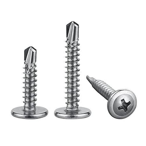 Three 200pcs #8 x 1 Inch Sheet Metal Self Tapping Screws 410 Stainless Steel with truss head shown in upright and side positions