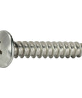 Side view of a No 12 1.5 Inch Truss Head Self-Tapping Sheet Metal Screw, full thread, stainless steel, Phillips drive, ideal for metal projects.
