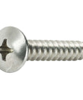 Close-up of No 12 1.5 Inch Truss Head Self-Tapping Sheet Metal Screw with full thread, Phillips drive, stainless steel 18-8, bright finish.