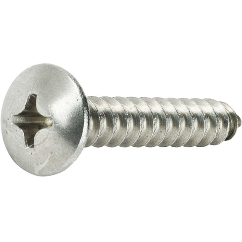Close-up of No 12 1.5 Inch Truss Head Self-Tapping Sheet Metal Screw with full thread, Phillips drive, stainless steel 18-8, bright finish.