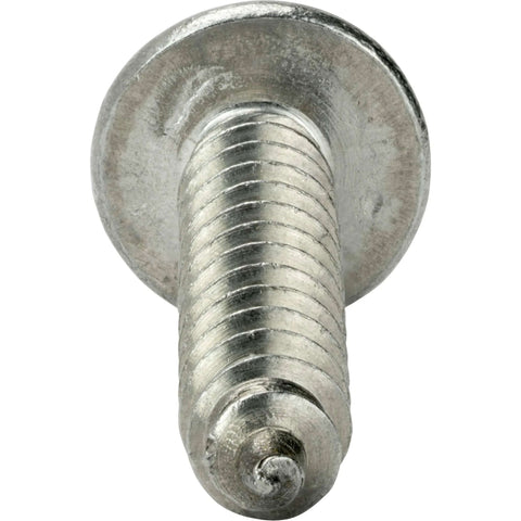 Close-up of No 12 1.5 Inch Truss Head Self-Tapping Sheet Metal Screw with full thread, Philips drive, stainless steel 18-8 bright finish.