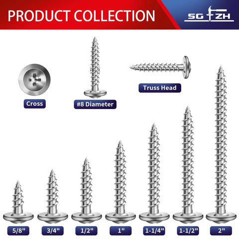 Product collection of 8x1 Inch Wood Screws 100 Pcs 410 Stainless Steel Self Tapping Truss Head for woodworking projects, various sizes displayed.