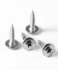 #8 x 3/4 Inch Truss Head Wood Screws, 410 Stainless Steel Self Tapping Screws for Wood to Metal, set of four on white background