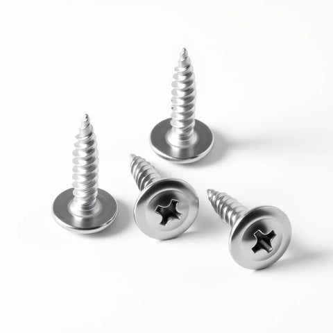 #8 x 3/4 Inch Truss Head Wood Screws, 410 Stainless Steel Self Tapping Screws for Wood to Metal, set of four on white background