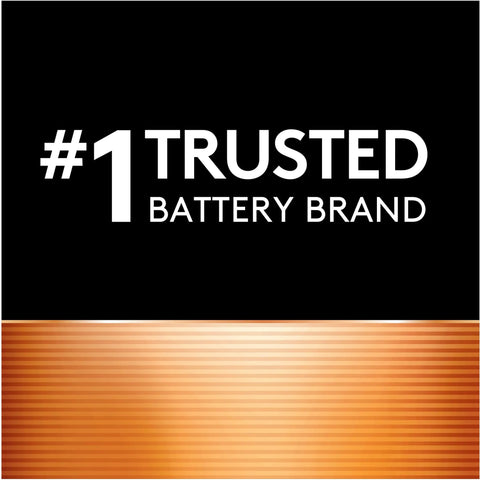 #1 Trusted Brand text in black box with metallic copper design, relating to Coppertop AA Alkaline Batteries With Power Boost For Home And Office Use