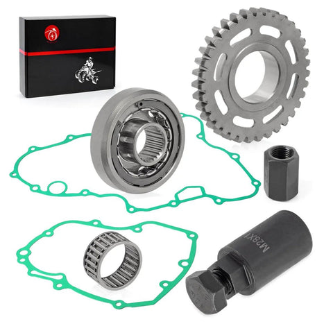 Flywheel Puller And Starter Clutch Gear Kit With One Way Bearing And Gasket Set For TRX450ER Electric Start 2006 2009 2011 2014 Replacement Complete Kit Ready To Roll components displayed.