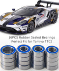 16 rubber sealed bearings perfect for Tamiya TT02 RC cars displayed with a model car above