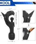 Heavy Duty Tube Cutter For Copper Brass Aluminum And PVC Pipes From One Eighth To One And Three Eighths Inch Range Matte Finish Includes Spare Blade And Reamer For Deburring Thin Stainless Steel Tubes, product dimensions displayed.