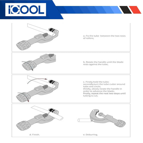 Illustration of using a heavy duty tube cutter for copper, brass, aluminum, PVC pipes with spare blade and reamer, steps shown.
