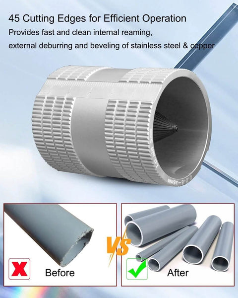 Handy Tube Deburring Tool For Quick Pipe Reaming And Beveling From One Quarter To One And A Quarter Inch Inner And Outer Cones With Forty Five Cutting Edges