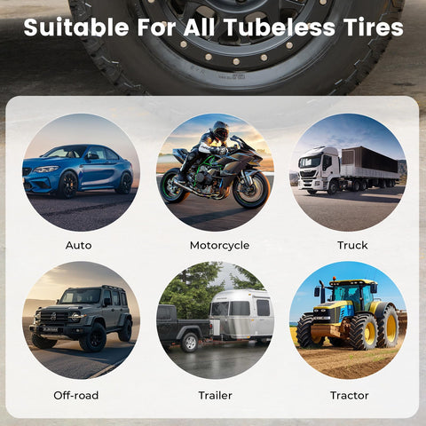 Flat Tire Repair Kit With Plugs 16 Pcs Heavy Duty Tire Plug Kit collage showing use on car, motorcycle, truck, jeep, trailer, tractor