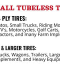 Text explaining tubeless tire compatibility, covering 2 & 4 ply and 6 ply & larger tires for various vehicles and equipment types.