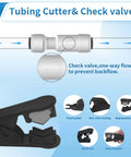 One Quarter Inch Quick Connect Water Line Fittings Kit With Ball Valve Check Valve Tee Elbow And Y Fittings Push To Connect For RO And DI Systems Fridge Ready Ice Maker And Pro Tubing Cutter Easy Install featuring close-up of check valve and tubing cutter with detailed features.