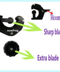 Versatile Tubing And Pipe Cutter For Copper Brass PVC Thin Stainless Steel And Aluminum From One Eighth Inch To One And Three Eighths Inch Outer Diameter With An Extra Blade And Reamer Lightweight Alloy Steel For Clean Precise Cuts In Plumbing And DIY image showing sharp blade, reamer, and extra blade details.