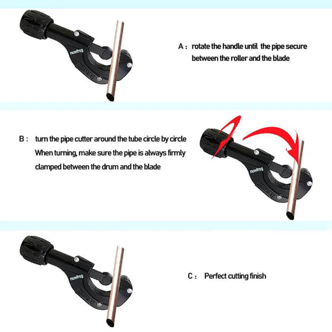 Versatile Tubing And Pipe Cutter For Copper Brass PVC Thin Stainless Steel And Aluminum From One Eighth Inch To One And Three Eighths Inch Outer Diameter With An Extra Blade And Reamer Lightweight Alloy Steel For Clean Precise Cuts In Plumbing And DIY showing pipe cutting process